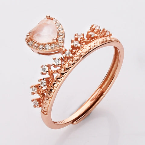 S925 Sterling Silver - Rose Gold CZ Crown Gemstone Heart Ring, Healing Crystal Jewelry SS210RR