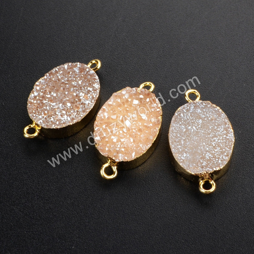 Gold Plated Oval Natural Agate Titanium Rainbow Druzy Connector G1073