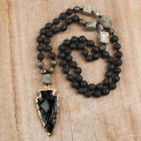 30" Gold Black Obsidian Arrowhead Point 8mm Pyrite Lava Stone Beads Long Necklace, Handmade Boho Necklace HD0182