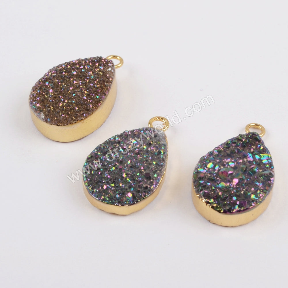 Teardrop Rainbow Titanium Natural Druzy Charm Gold Plated, Crystal Drusy Charm For Jewelry Making  G1455