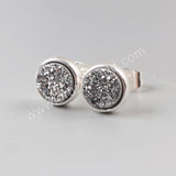 Round 8mm Silver Plated Bezel Natural Agate Titanium Druzy Stud Earrings, Drusy Jewelry ZS0198