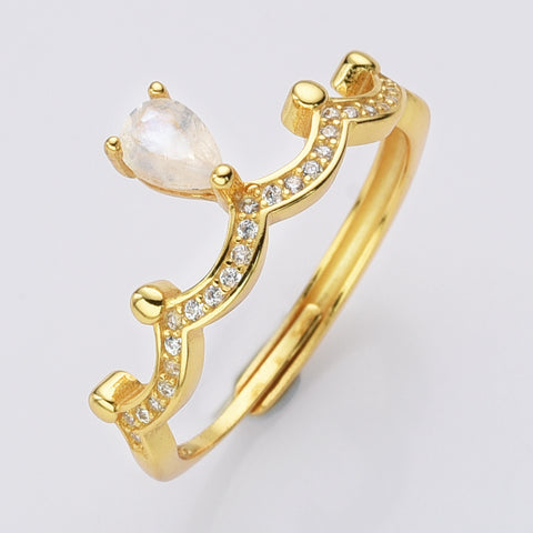 S925 Sterling Silver Crown Natural Moonstone Faceted Drop Ring Zircon Ring, Healing Crystal Stone Jewelry Ring SS239RG