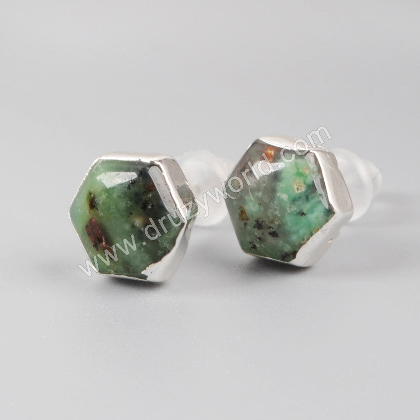 S925 Sterling Silver Hexagon Natural Australia Jade Stud Earrings SS050