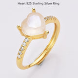 925 Sterling Silver Natural Moonstone Heart Ring Zircon Pave Ring, Adjustable Healing Crystal Jewelry Ring SS232