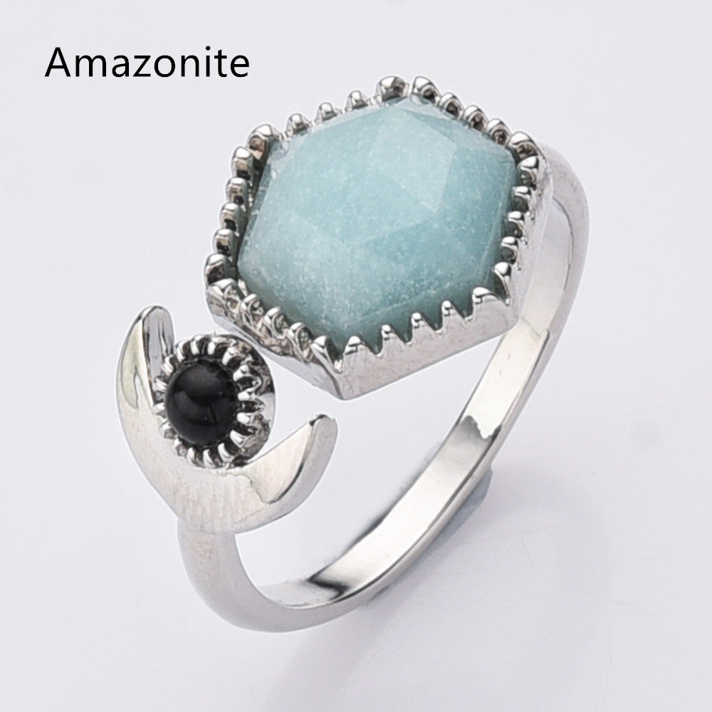 Amazonite Ring, Silver Plated Hexagon Gemstone Faceted Ring, Adjustable Open Ring, Natural Crystal Stone Jewelry WX2196