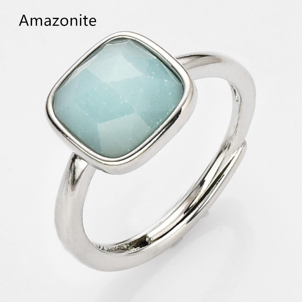 Adjustable Silver Square Gemstone Ring, Faceted, Healing Crystal Stone Ring Jewelry WX2209