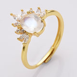 S925 Sterling Silver Oval Moonstone Faceted CZ Ring, Adjustable Zircon Crown Ring Jewelry SS238RG