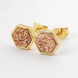 Hexagon Gold Plated Bezel Rainbow Titanium Druzy Studs Earrings ZG0275