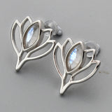 S925 Sterling Silver Marquise Aquamarine Moonstone Stud Earrings Lotus Flower Studs, Healing Crystal Jewelry Earring SS219ES