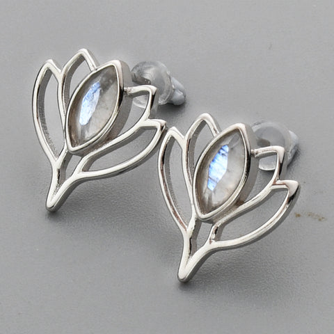 S925 Sterling Silver Marquise Aquamarine Moonstone Stud Earrings Lotus Flower Studs, Healing Crystal Jewelry Earring SS219ES