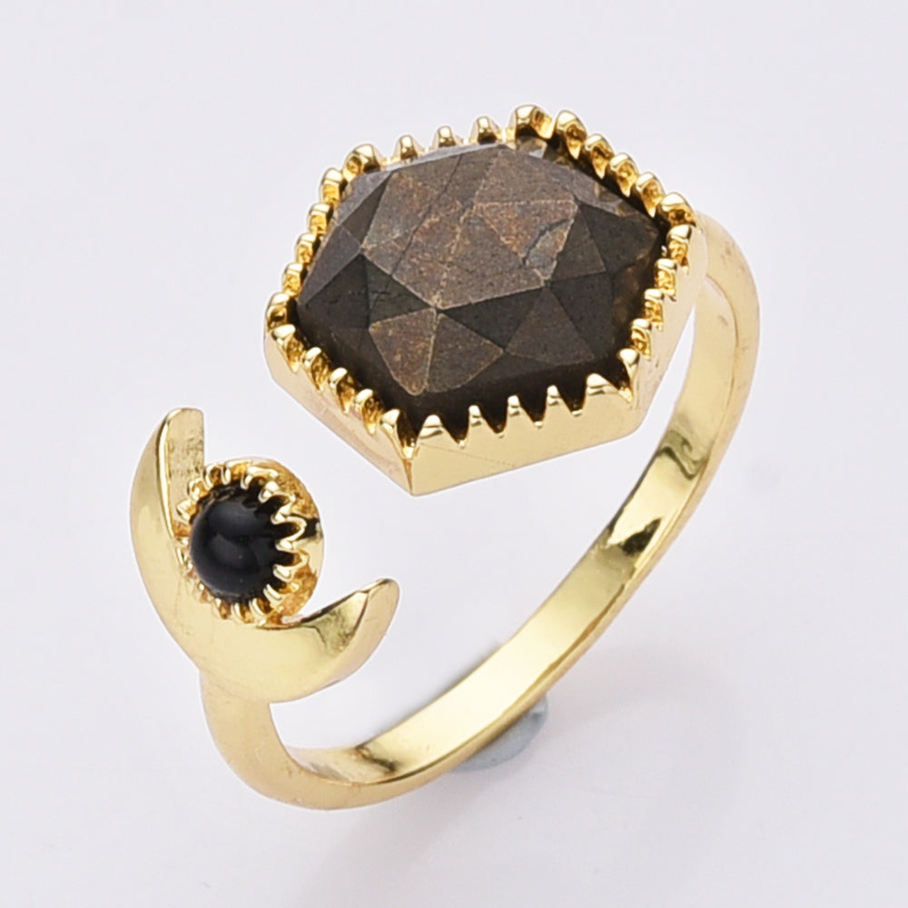 Hexagon Pyrite Ring ,Gold Plated Brass Gemstone Faceted Ring, Adjustable Open Ring, Natural Crystal Jewelry WX2195