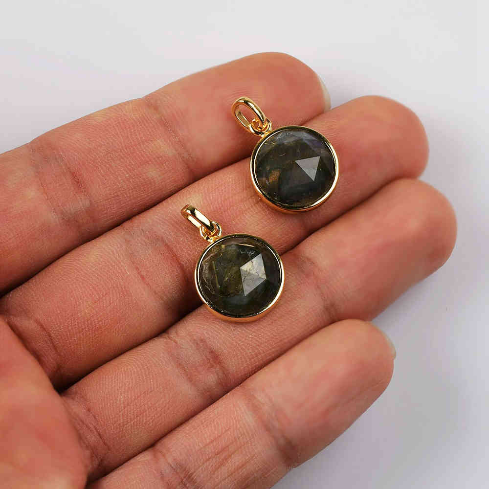 Small Round Gold Bezel Briolette Gemstone Pendant Natural Labradorite Moonstone Copper Turquoise Healing Crystal Pendants Necklace ZG0471