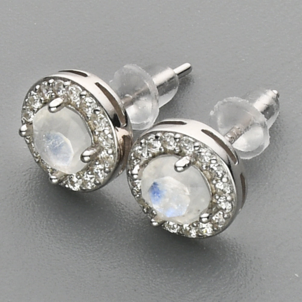 S925 Sterling Silver Round Gemstone CZ Micro Pave Stud Earrings, Healing Crystal Amethyst Aquamarine Rose Quartz Moonstone Jewelry SS217