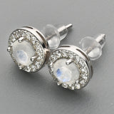 S925 Sterling Silver Round Gemstone CZ Micro Pave Stud Earrings, Healing Crystal Amethyst Aquamarine Rose Quartz Moonstone Jewelry, Dainty Earrings LM006-S