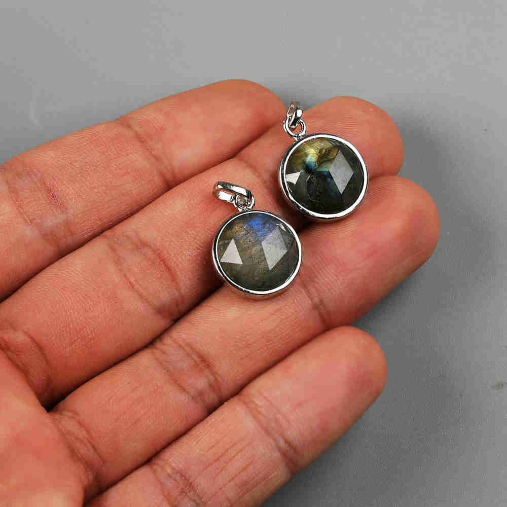 Small Round Silver Bezel Briolette Gemstone Pendant Natural Labradorite Moonstone Copper Turquoise Healing Crystal Pendants Necklace ZS0471
