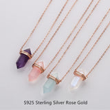 15" Rose Gold Moonstone Aquamarine Crystal Hexagon Point Necklace CZ Micro Pave, S925 Sterling Silver Necklace, Gemstone Dainty Jewelry SS225NR