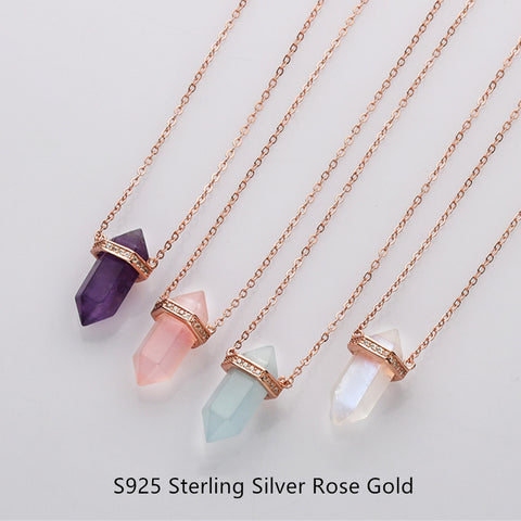 15" Rose Gold Moonstone Aquamarine Crystal Hexagon Point Necklace CZ Micro Pave, S925 Sterling Silver Necklace, Gemstone Dainty Jewelry SS225NR