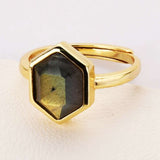 Hexagon Multi Gemstone Faceted Gold Plated Ring, Adjustable, Healing Crystal Jewelry Ring For Women ZG0464