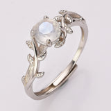 S925 Sterling Silver Round Natural Moonstone Faceted Ring, 18K Gold Leaf Ring, Adjustable, Healing Crystal Stone Jewelry SS240RG