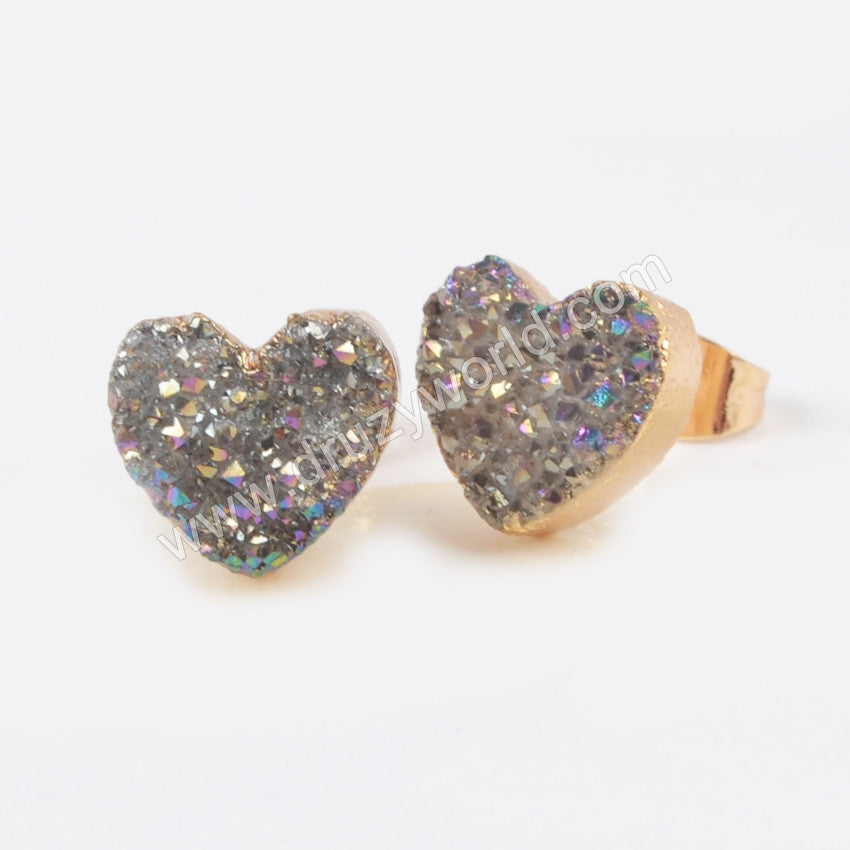 Gold Plated Heart 10mm Natural Agate Titanium Rainbow Druzy Stud Earrings G0910