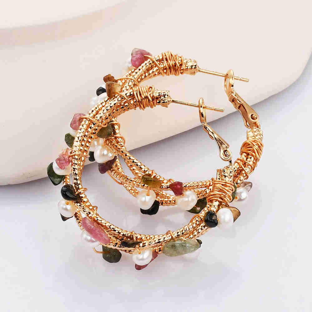 Wire Wrap Gold Plated Brass Natural Gemstone Chips & Pearl Hoop Earrings WX2099
