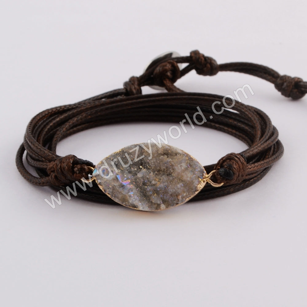 Gold Oval Titanium Galaxy Druzy Stone Leather Layers Bracelet HD0022