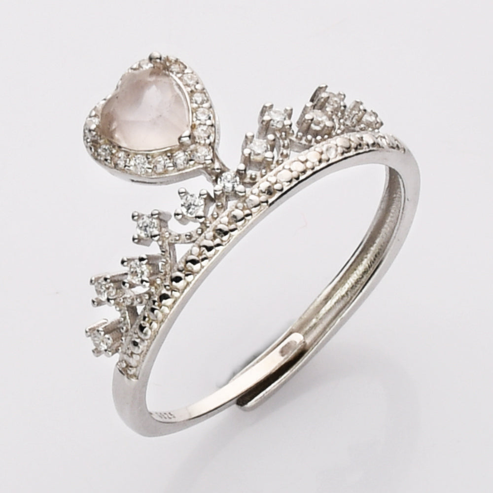 S925 Sterling Silver CZ Gemstone Heart Ring, Dainty Crown Ring, Healing Crystal Amethyst Aquamarine Rose Quartz Moonstone Birthstone Ring Jewelry SS211