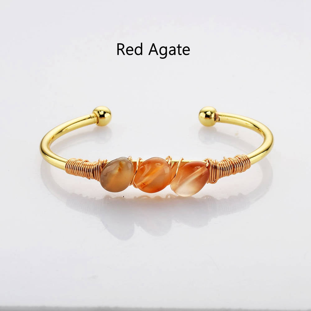 red agate bracelet Gold Plated Brass Wire Wrap Gemstone Bangle Bracelet Healing Crystal Stone Bracelet Handmade Boho Jewelry WX2075