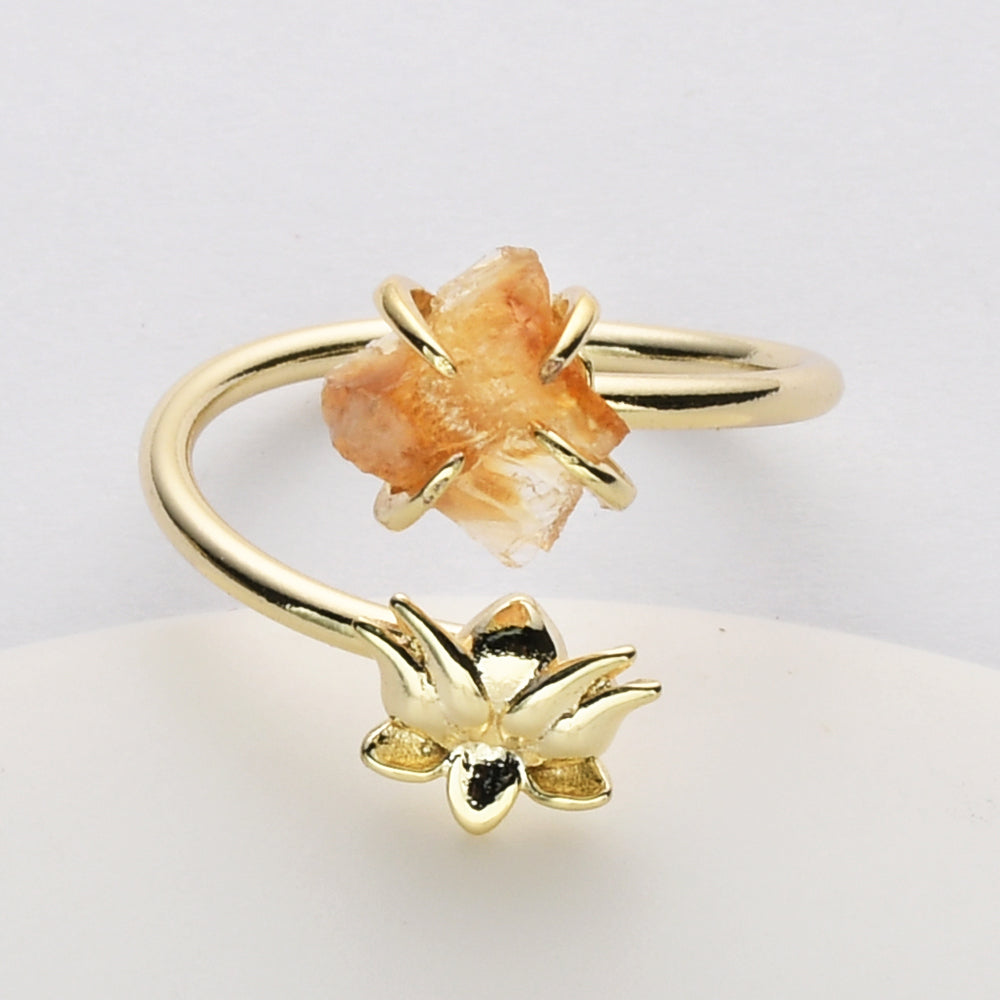 Gold Plated Lotus Raw Crystal Ring, Adjustable, Rainbow Gemtsone Ring, Birthstone Ring, Healing Jewelry ZG0488 citrine ring