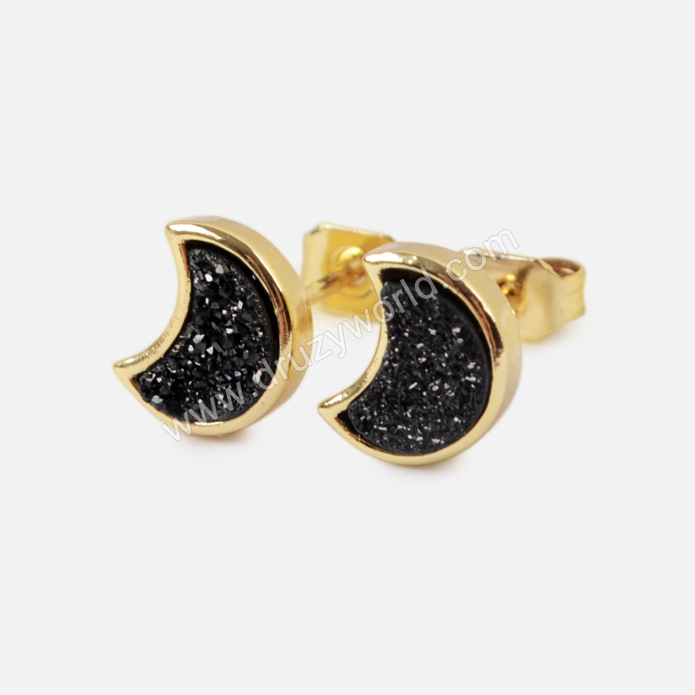 Crescent Moon Gold Plated Bezel Rainbow Titanium Druzy Stud Earrings ZG0282