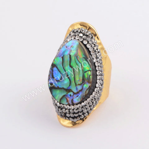 Rhinestone Pave Tear Drop Natural Abalone Shell Gold Band Ring JAB960