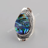 Rhinestone Pave Tear Drop Natural Abalone Shell Gold Band Ring JAB960