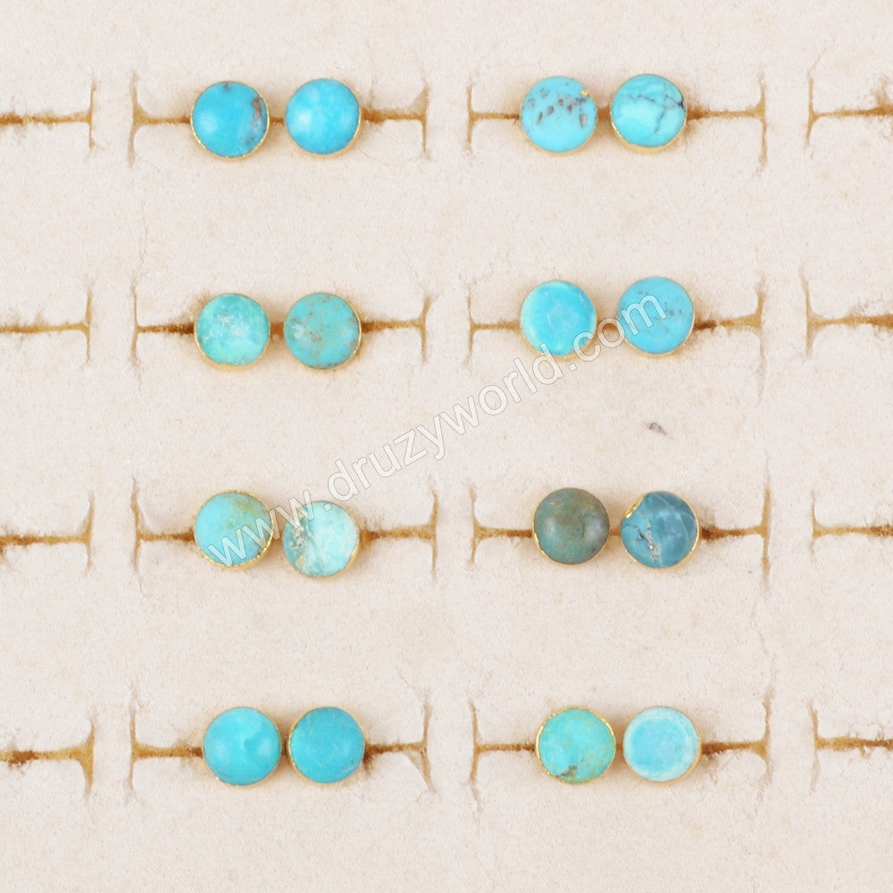 Gold Plated Small Round 6mm Natural Turquoise Gemstone Stud Earrings G1273