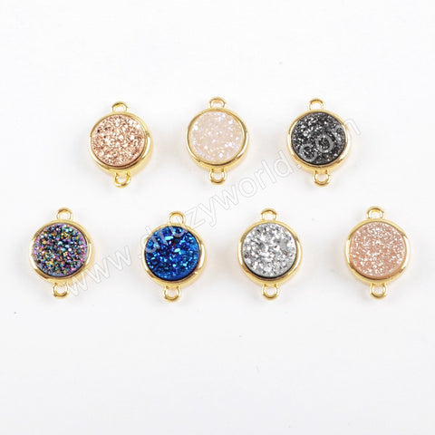 9mm Round Natural Agate Titanium Rainbow Druzy Connector Gold Plated ZG0359