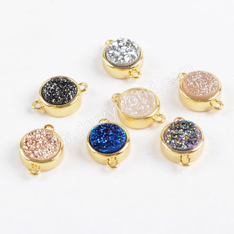 9mm Round Natural Agate Titanium Rainbow Druzy Connector Gold Plated ZG0359