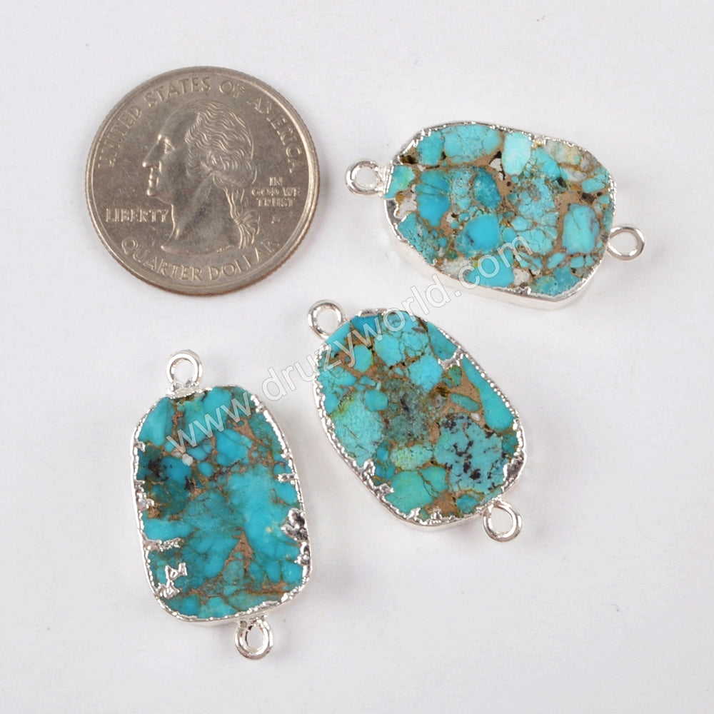 Copper Natural Turquoise Connector Jewelry Making Silver Plated S1470