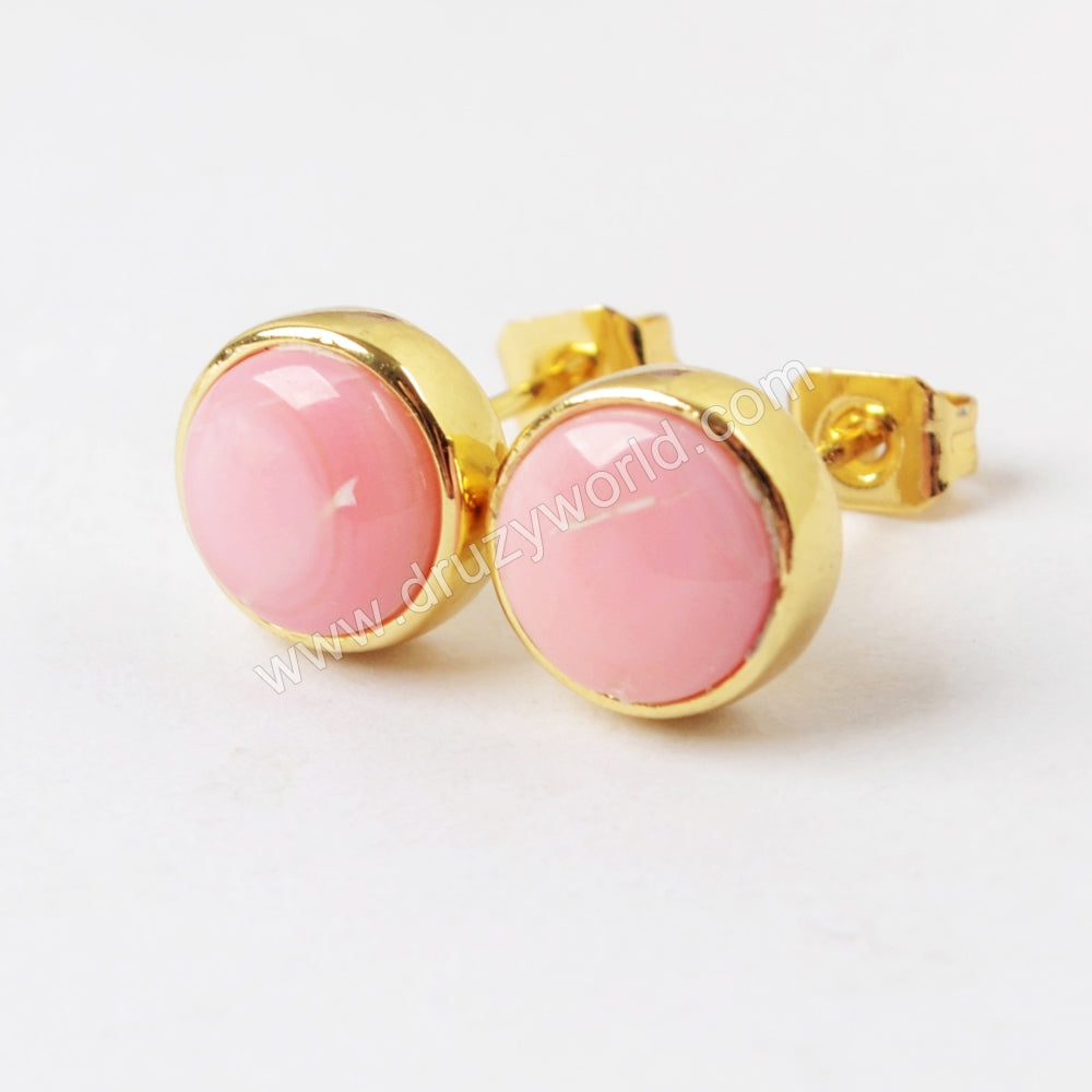 Round Gold Plated Bezel Multi-kind Natural Stone Stud Earrings, Gemstone Jewelry ZG0283