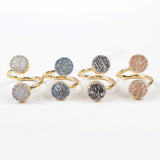 Round Double Titanium AB Druzy Ring Gold Plated, Adjustable, Crystal Jewelry Ring G1155