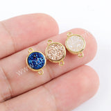 9mm Round Natural Agate Titanium Rainbow Druzy Connector Gold Plated ZG0359