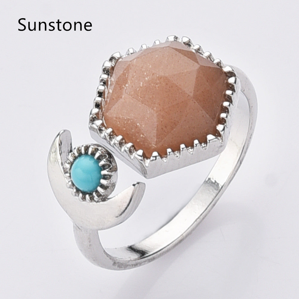 Sunstone Ring, Silver Plated Hexagon Gemstone Faceted Ring, Adjustable Open Ring, Natural Crystal Stone Jewelry WX2196
