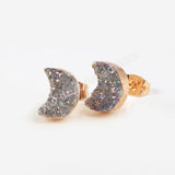 Crescent Moon Natural Agate Titanium Rainbow Druzy Stud Earrings Gold Plated Crystal Jewelry G0913