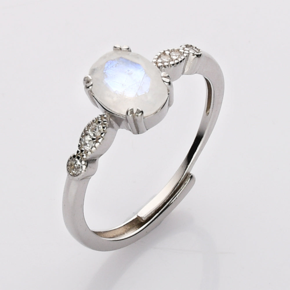 S925 Sterling Silver Oval Faceted Gemstone Ring, Zircon Ring, Healing Crystal Amethyst Aquamarine Rose Quartz Moonstone Birthstone Ring, Dainty Jewelry SS208