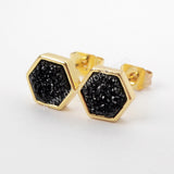 Hexagon Gold Plated Bezel Rainbow Titanium Druzy Studs Earrings ZG0275