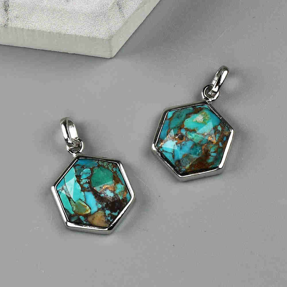 Hexagon Silver Bezel Briolette Gemstone Pendant Natural Labradorite Moonstone Copper Turquoise Healing Crystal Pendants Necklace ZS0473