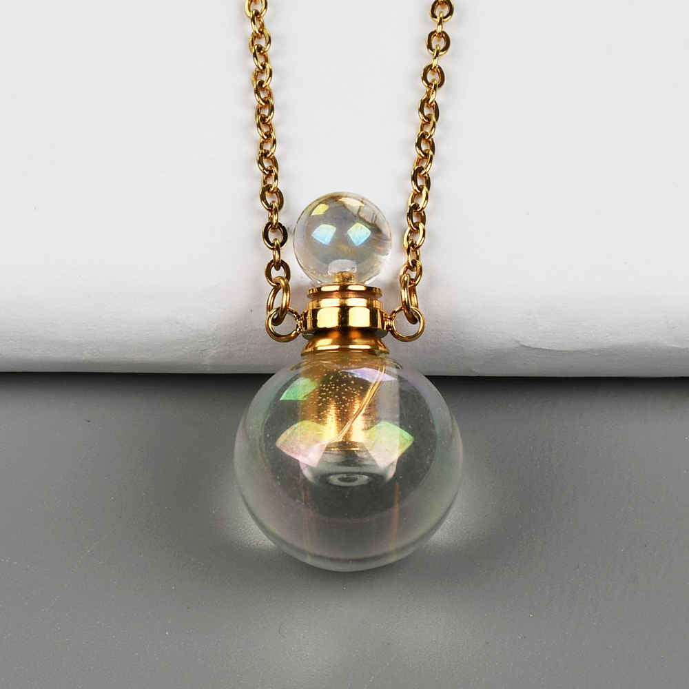 19" Round Ball Shape Gold / Silver Titanium White Quartz Perfume Bottle Necklace WX2088