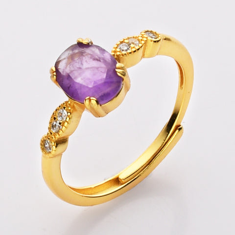 S925 Sterling Silver - Gold Oval Faceted Gemstone CZ Ring, Healing Crystal Jewelry SS207RG