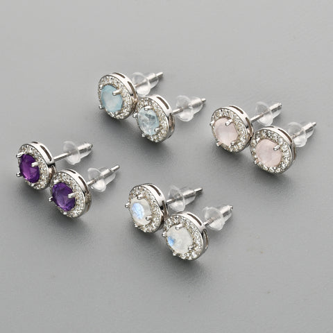 S925 Sterling Silver Round Gemstone Crystal CZ Micro Pave Stud Earrings, Dainty Jewelry SS216ES