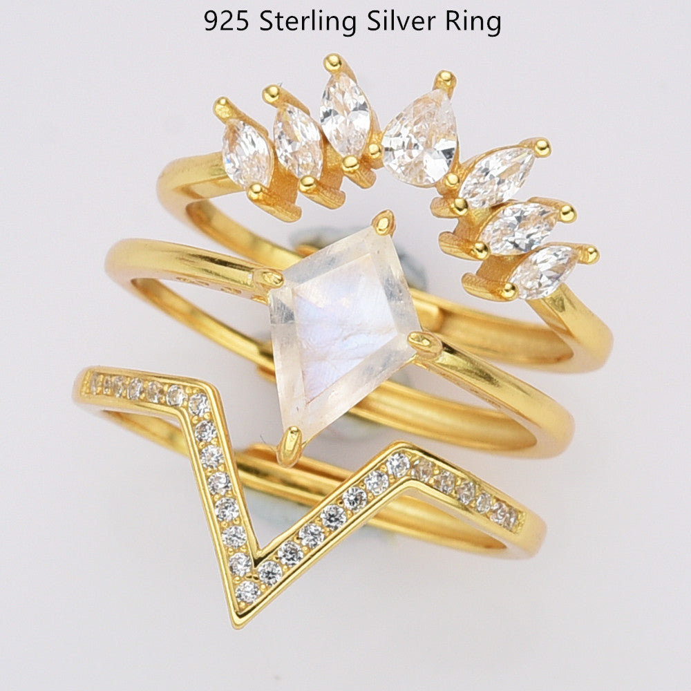 925 Sterling Silver Moonstone CZ Set Rings, Adjustable, Diamond Moonstone Ring, Zircon Crown Ring, V Shape CZ Ring, Wholesale Supply