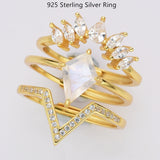 925 Sterling Silver Moonstone CZ Set Rings, Adjustable, Diamond Moonstone Ring, Zircon Crown Ring, V Shape CZ Ring SS243