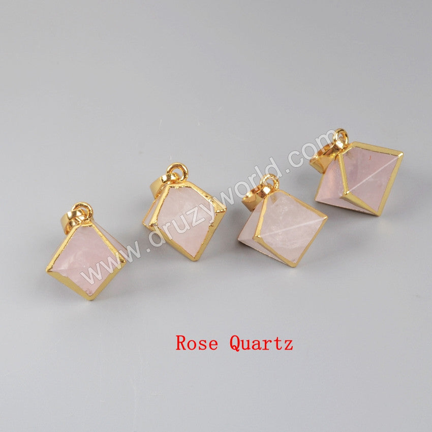 Gold Plated Pyramid Point Multi-Kind Stones Faceted Pendant Bead G1004